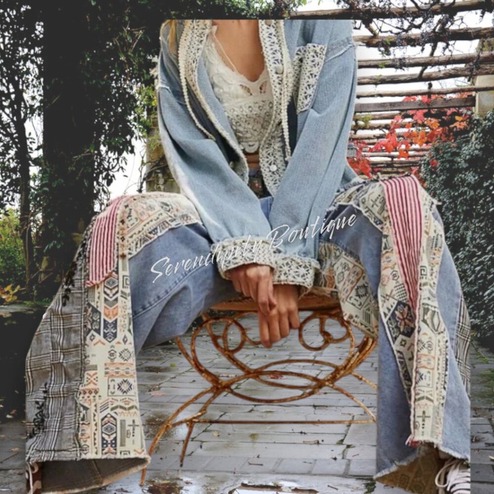 Boho Grunge Street Punk Denim Extreme Oversized Raw Edge Distressed Jeans - Picture 9 of 13